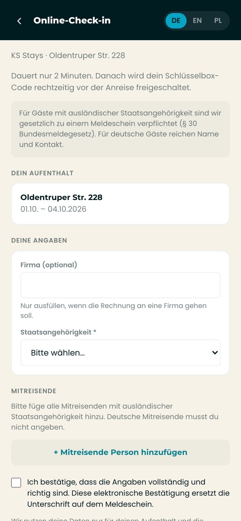 Online-Check-in in der Gästeapp