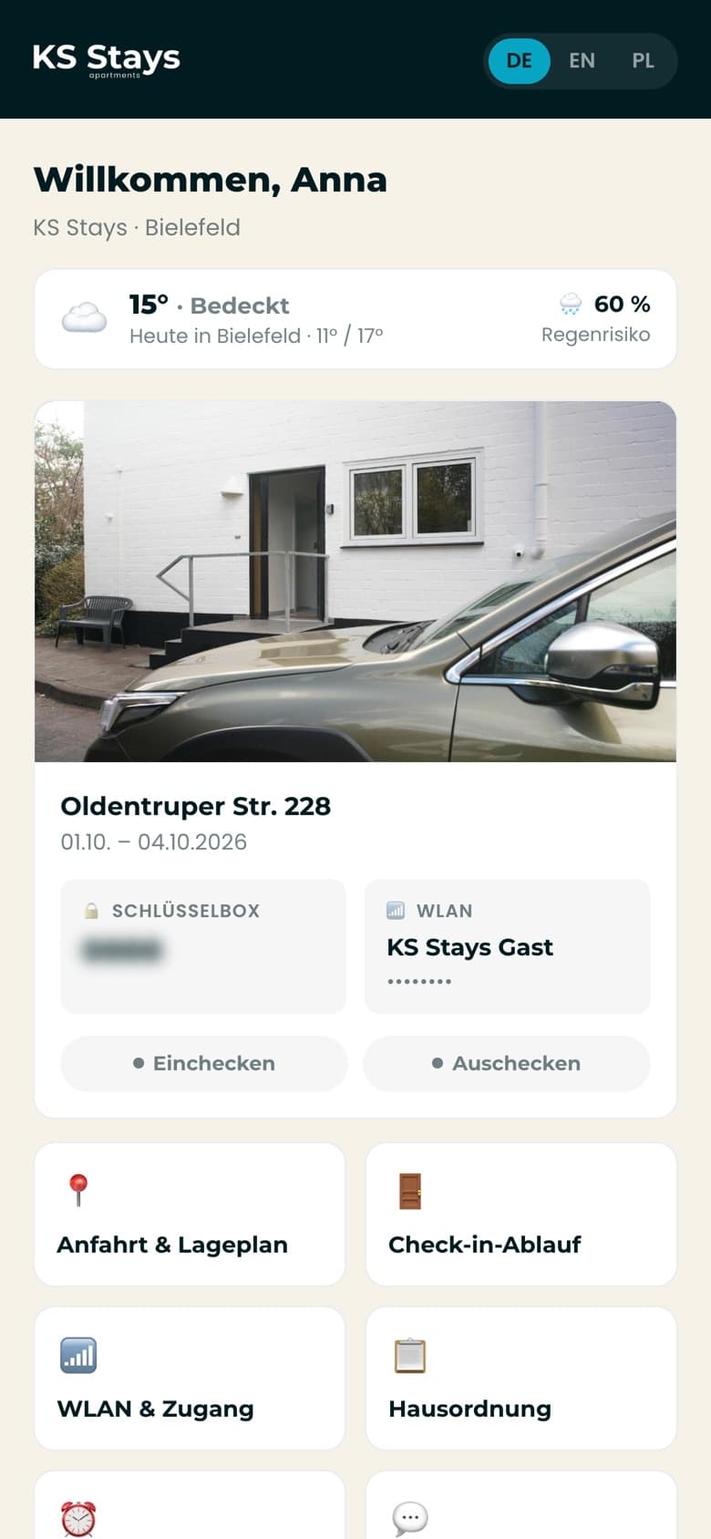 Startseite der Gästeapp mit Wetter, Aufenthalt und Kacheln