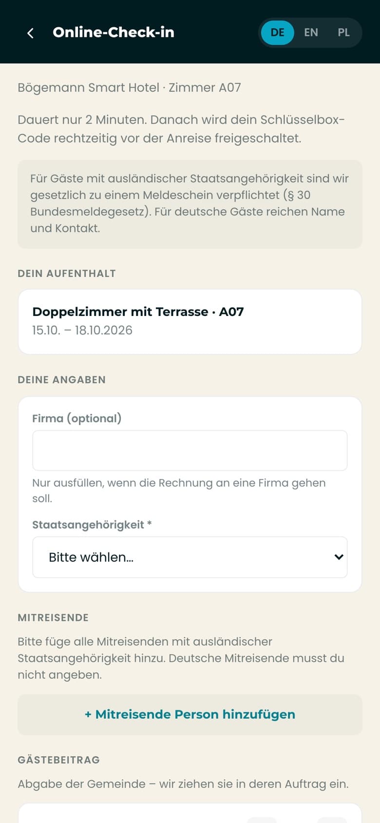 Online-Check-in in der Gästeapp